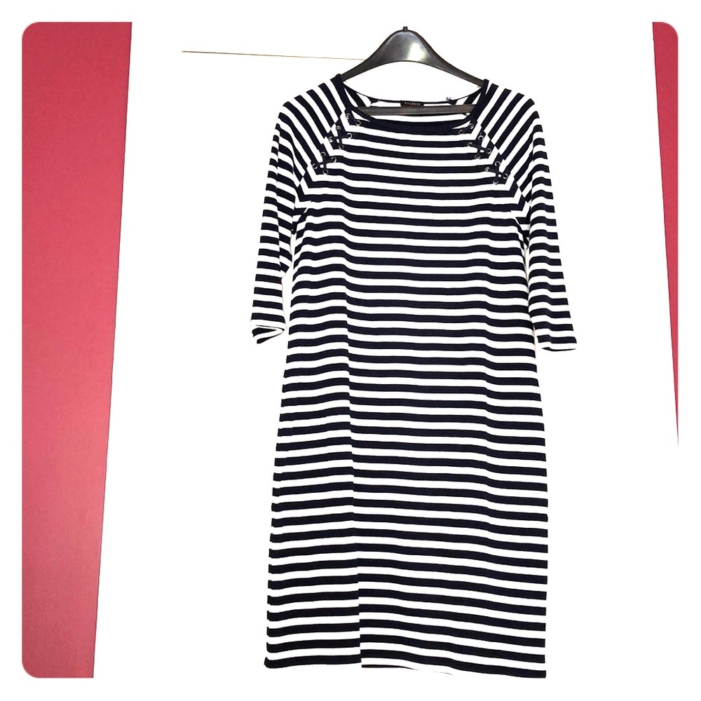 Talbots knit navy and white 3/4 length sleeve dres